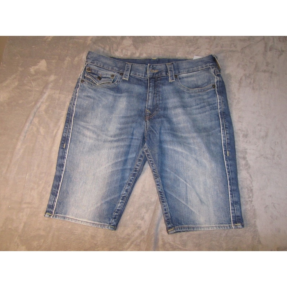 True Religion‎ Mens Ricky Flap Denim Shorts Medium Wash Blue Size 34 Horseshoe